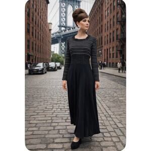 60's VTG Young Edwardian Arpeja Black Maxi Dress Metallic Silver Striped M